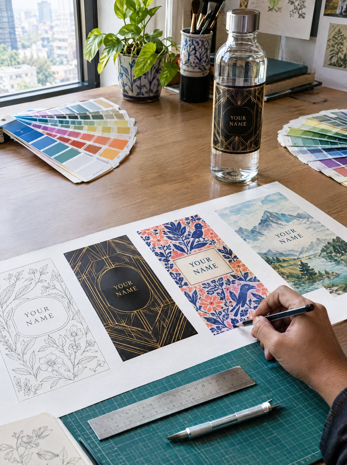 Label proofs in botanical, art deco, block print and watercolour styles on a designer's desk