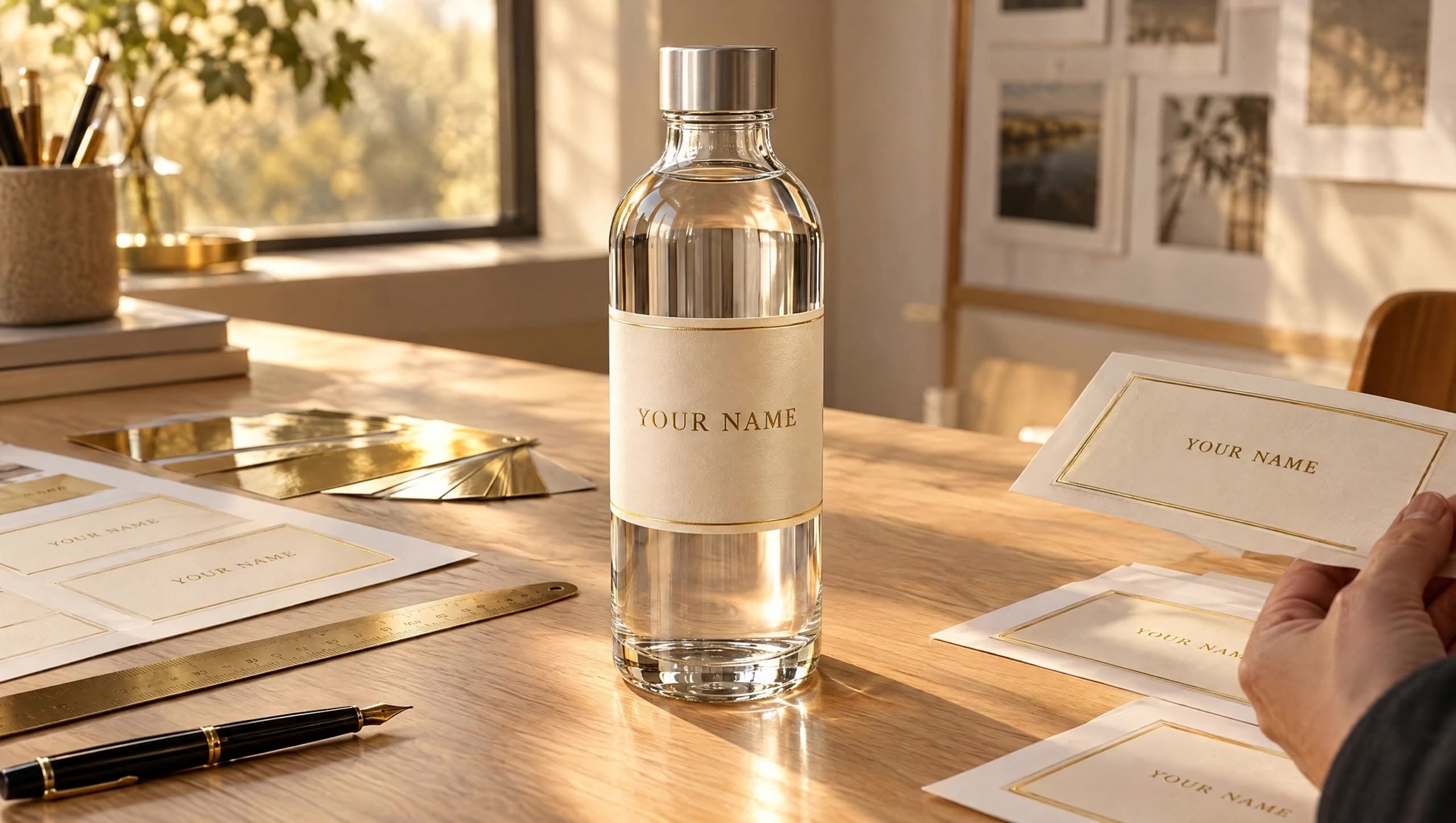 A glass bottle with an ivory YOUR NAME label beside gold-foil label proofs on a sunlit desk