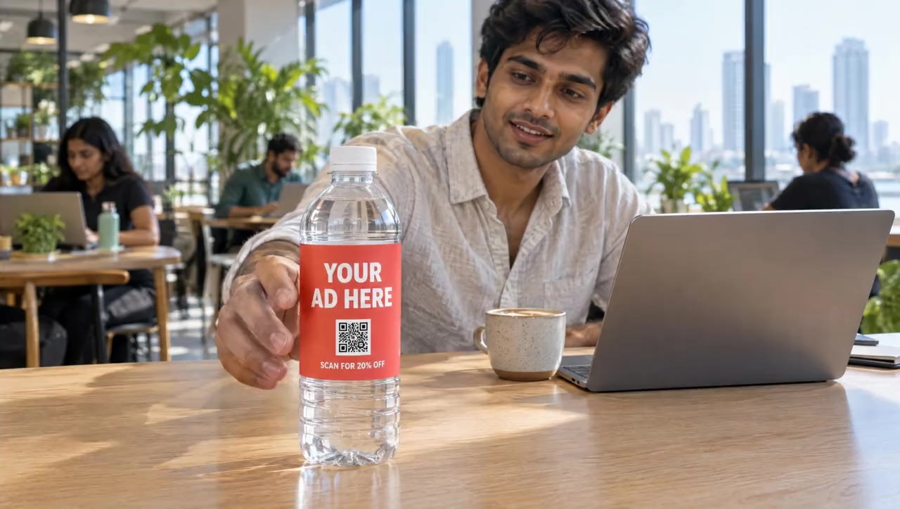 A man in a co-working café holds a bottle with a red YOUR AD HERE label and scans its QR code