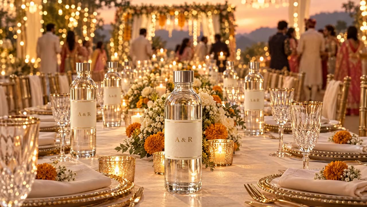 A wedding banquet at golden hour with glass bottles carrying an A & R monogram label at every place